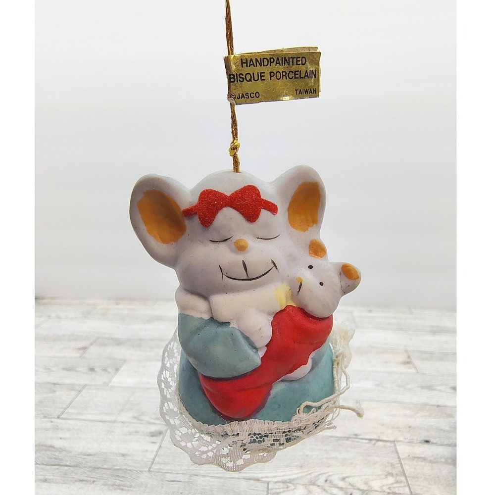 Jasco Caring Critter Chimer Ornament Mouse Mom Bisque Porcelain Bell 2.5"  1980s